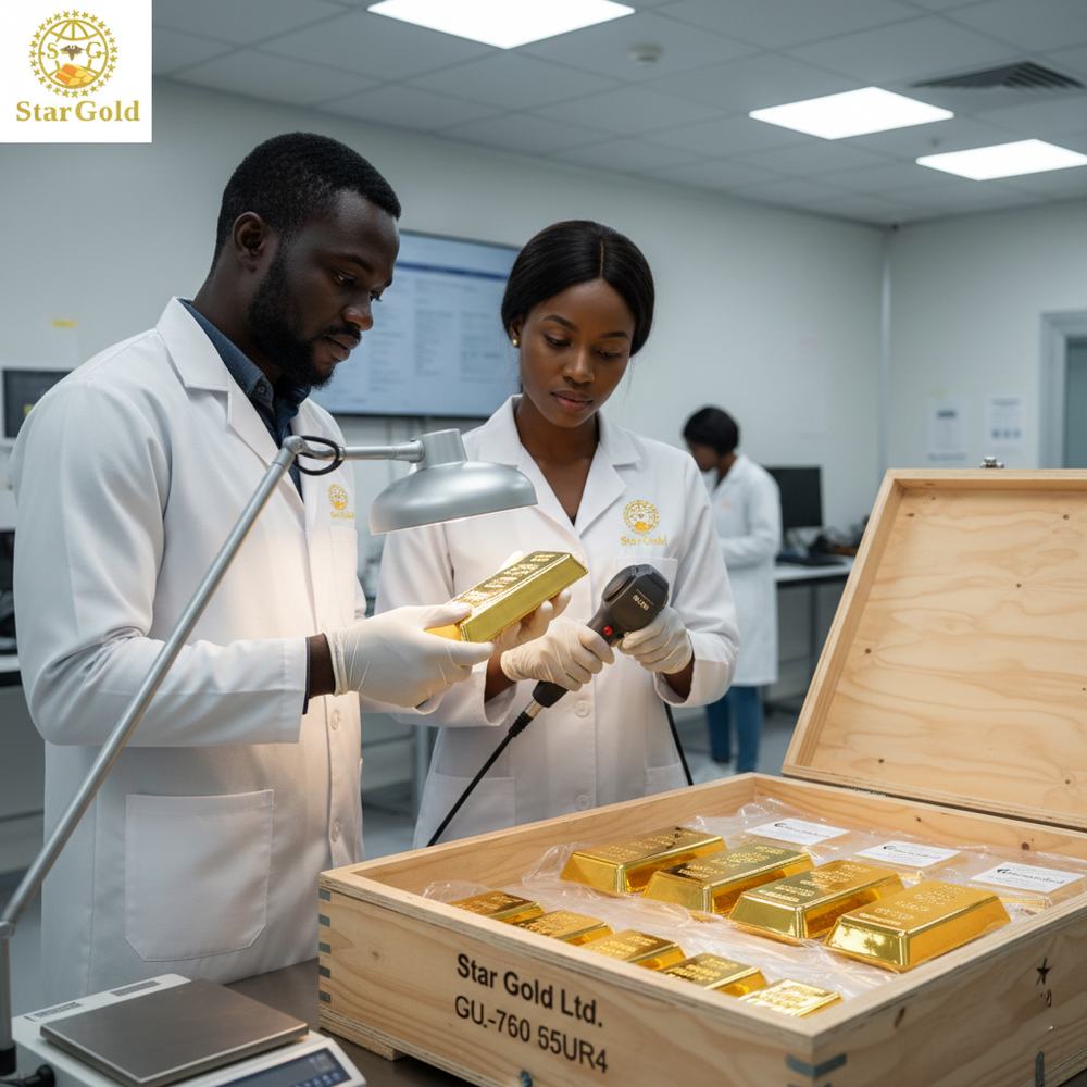 Star Gold operations staff verifying and documenting gold bars in branded packaging