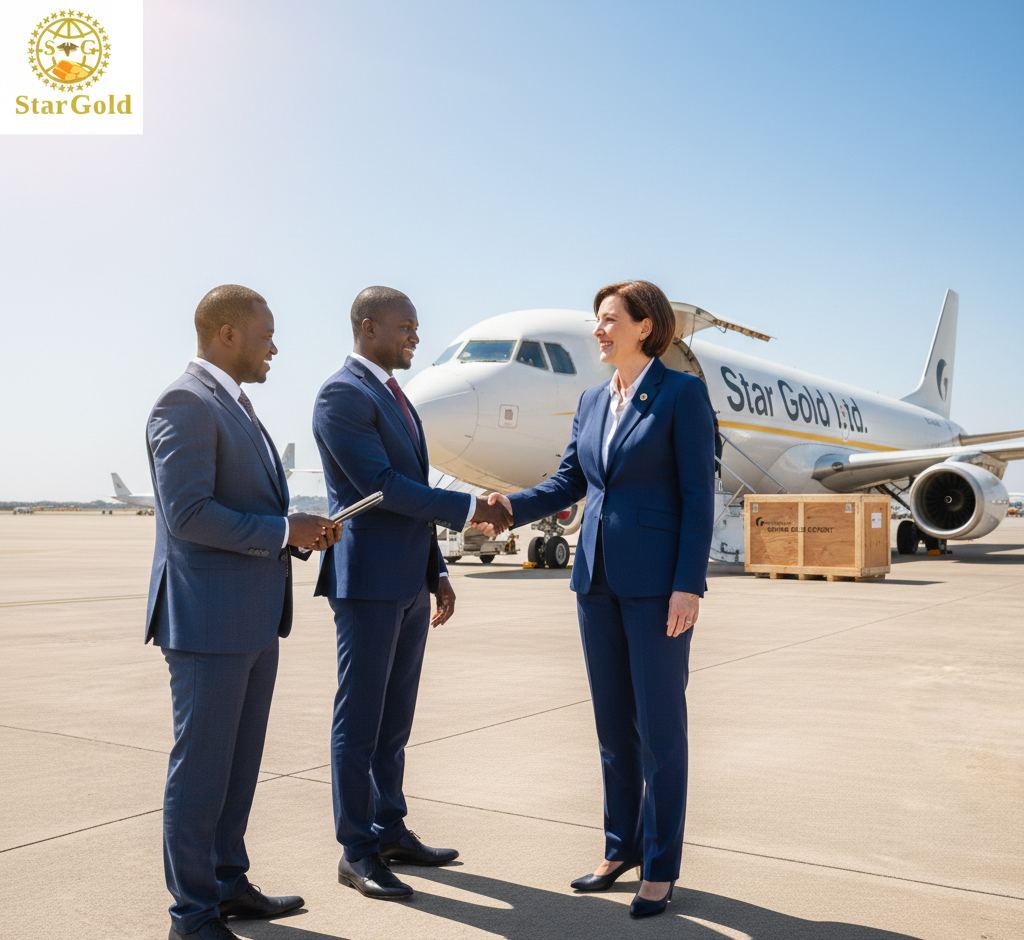 Star Gold executives meeting international partners on the tarmac in Accra